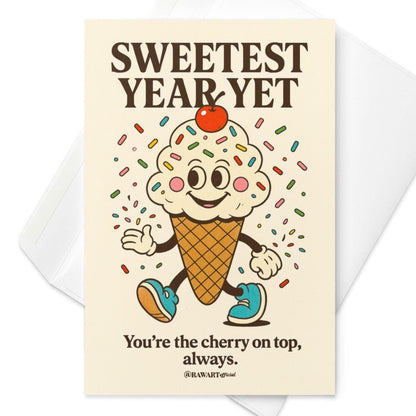Cream birthday card featuring retro ice cream cone with sprinkles and cherry with text “Sweetest Year Yet.”