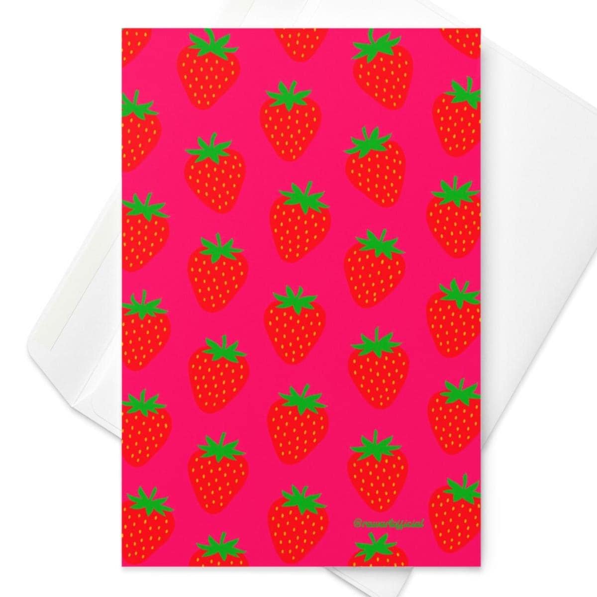 Retro strawberry greeting card with bold red strawberries on hot pink background, playful fruit stationery design.