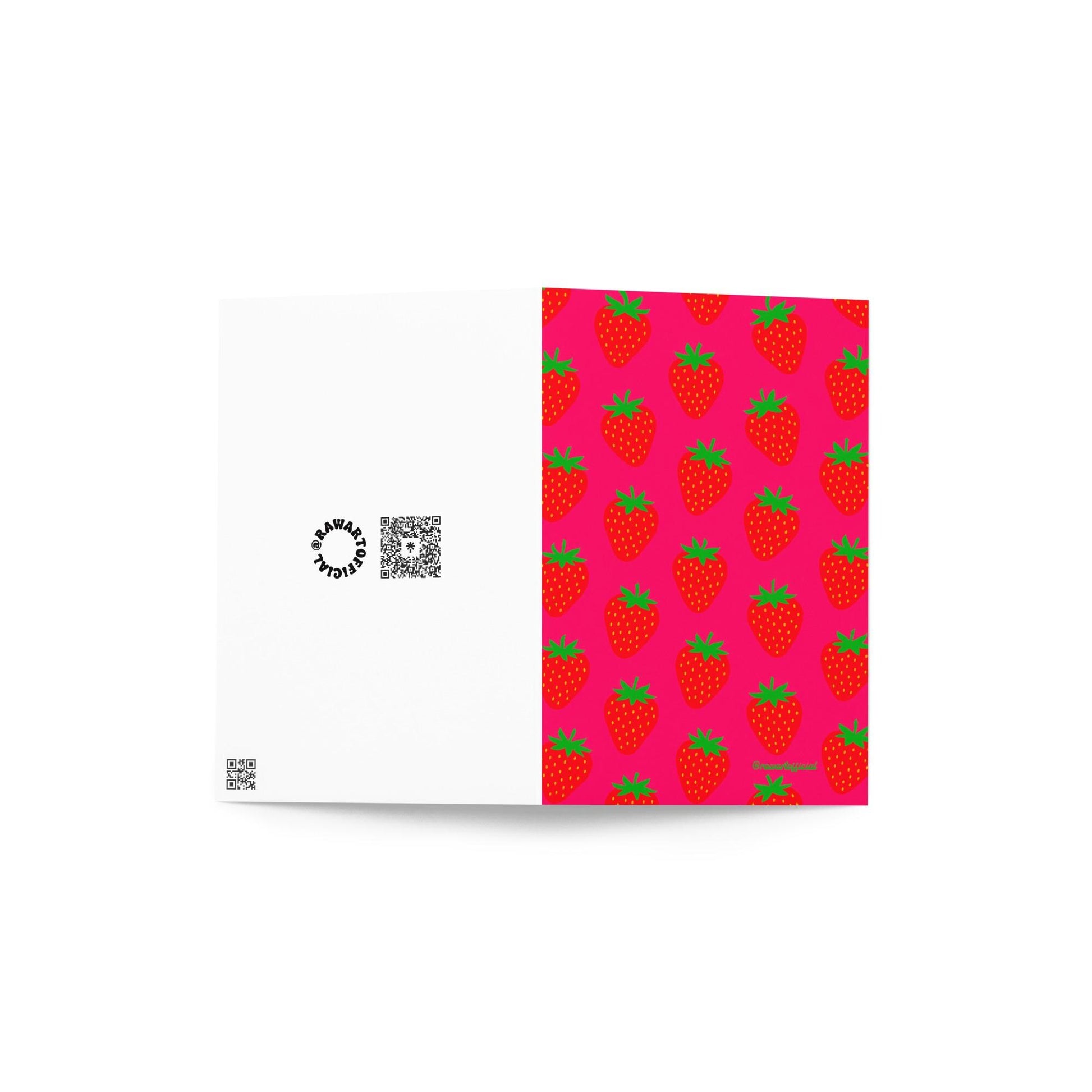 Retro strawberry greeting card with bold red strawberries on hot pink background, playful fruit stationery design.