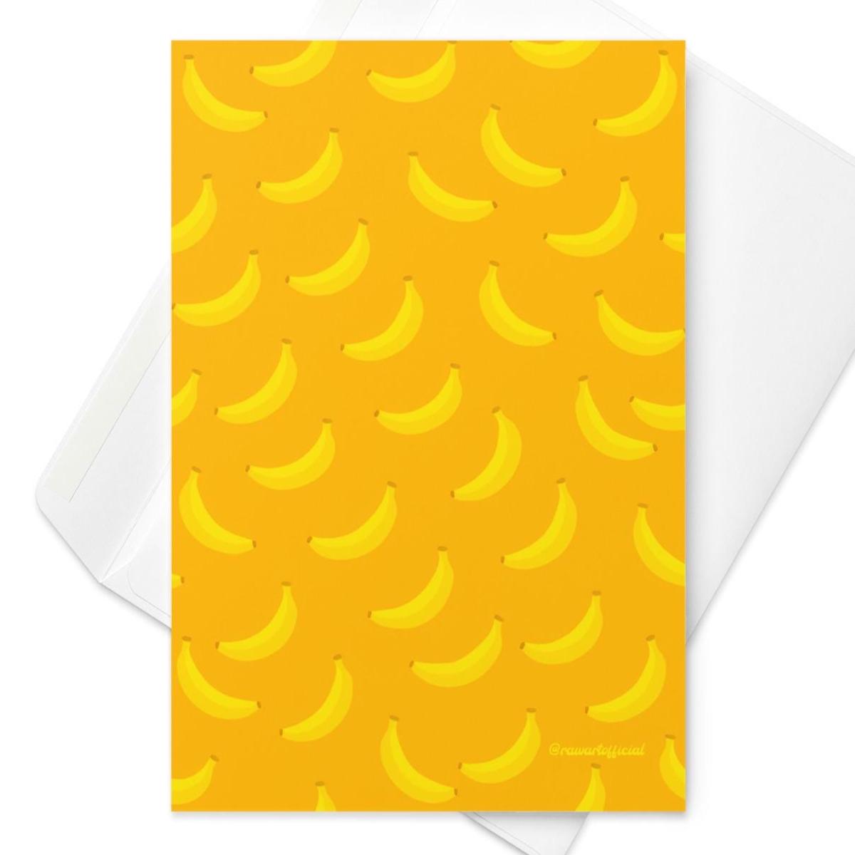 Retro hot dog pattern greeting card with playful pink background and bold orange-yellow hot dogs.