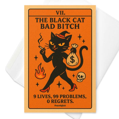 Halloween greeting card featuring a sassy black cat in heels with a money bag, tarot-style design, text reads “The Black Cat Bad B*tch.”