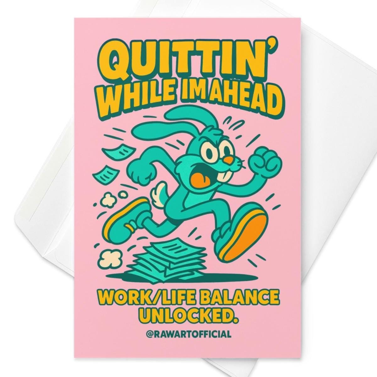Retro cartoon rabbit running past papers with “Quittin’ While I’m Ahead” job quit card.