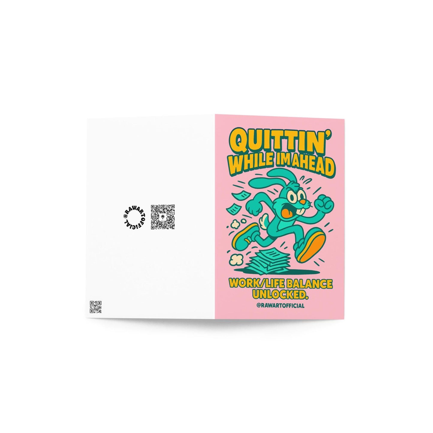 Retro cartoon rabbit running past papers with “Quittin’ While I’m Ahead” job quit card.