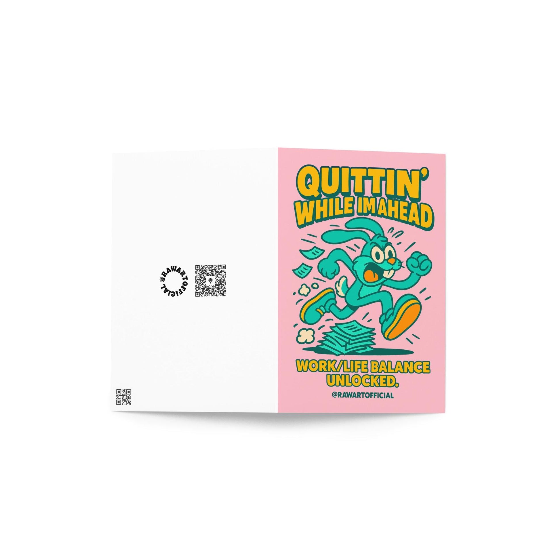 Retro cartoon rabbit running past papers with “Quittin’ While I’m Ahead” job quit card.