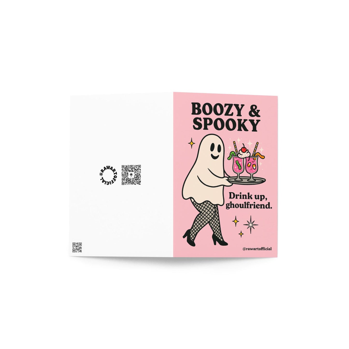 Retro ghost in fishnets serving cocktails with text “Boozy & Spooky – Drink up, ghoulfriend.”