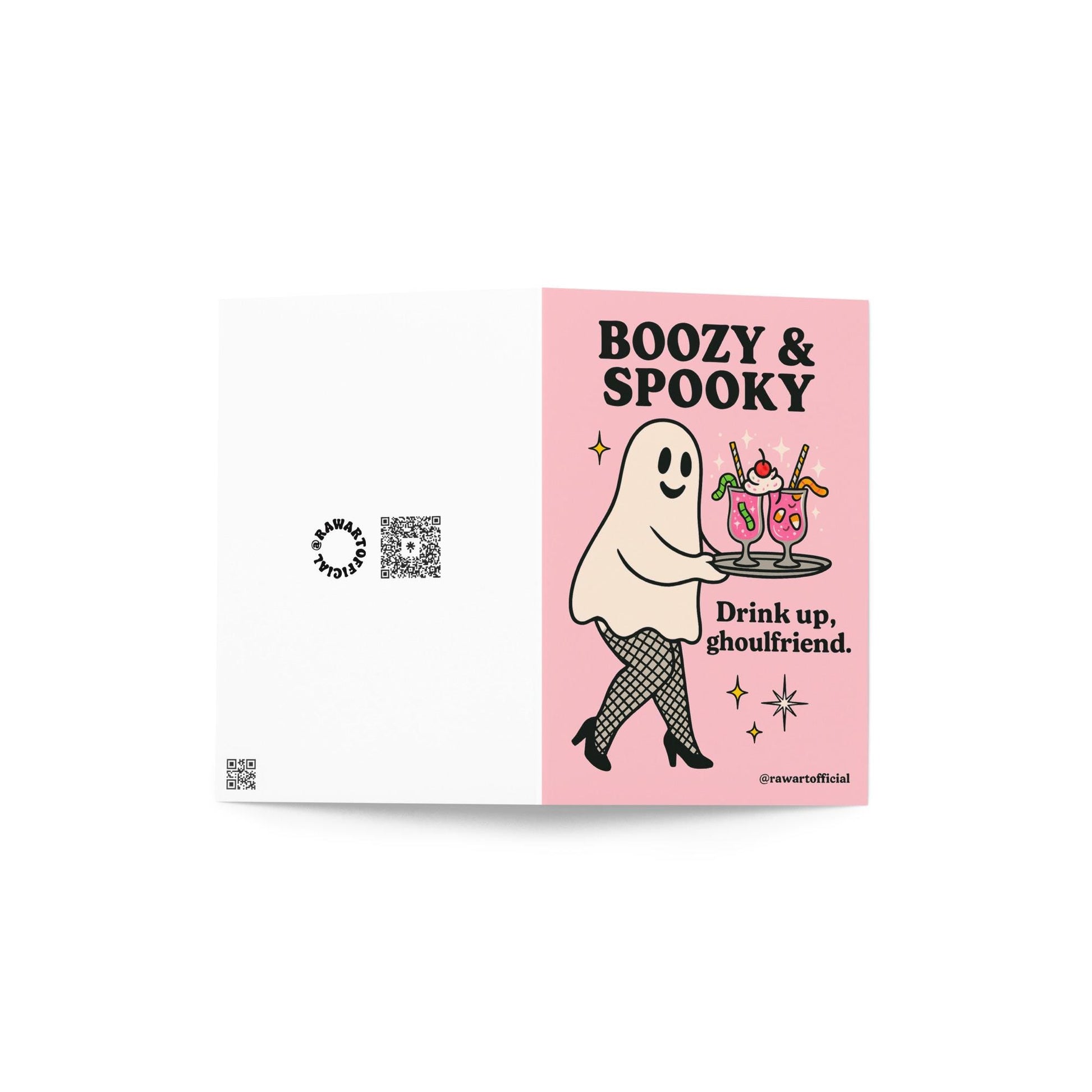Retro ghost in fishnets serving cocktails with text “Boozy & Spooky – Drink up, ghoulfriend.”