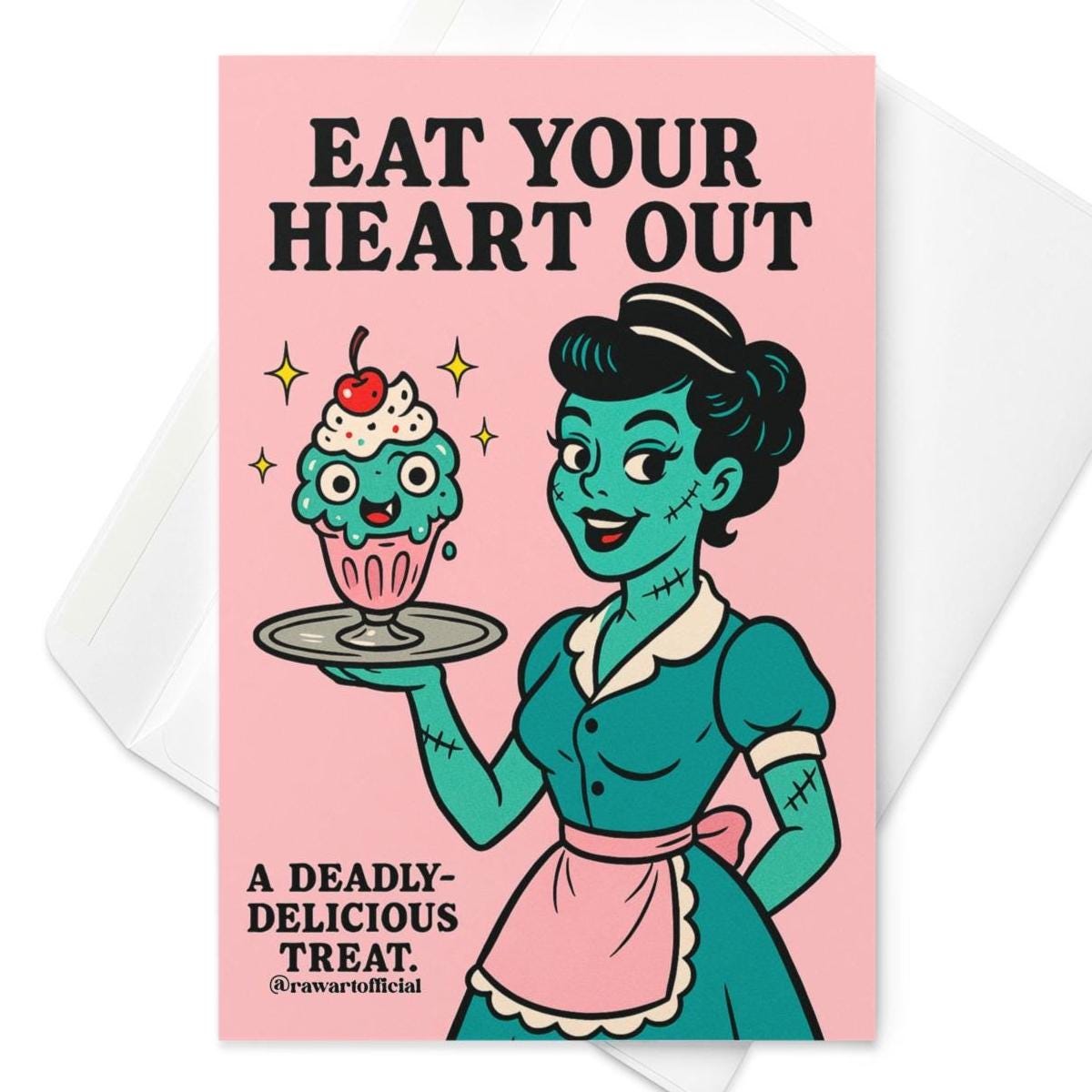 Retro zombie waitress holding sundae with eyeballs, text “Eat Your Heart Out” funny spooky greeting card