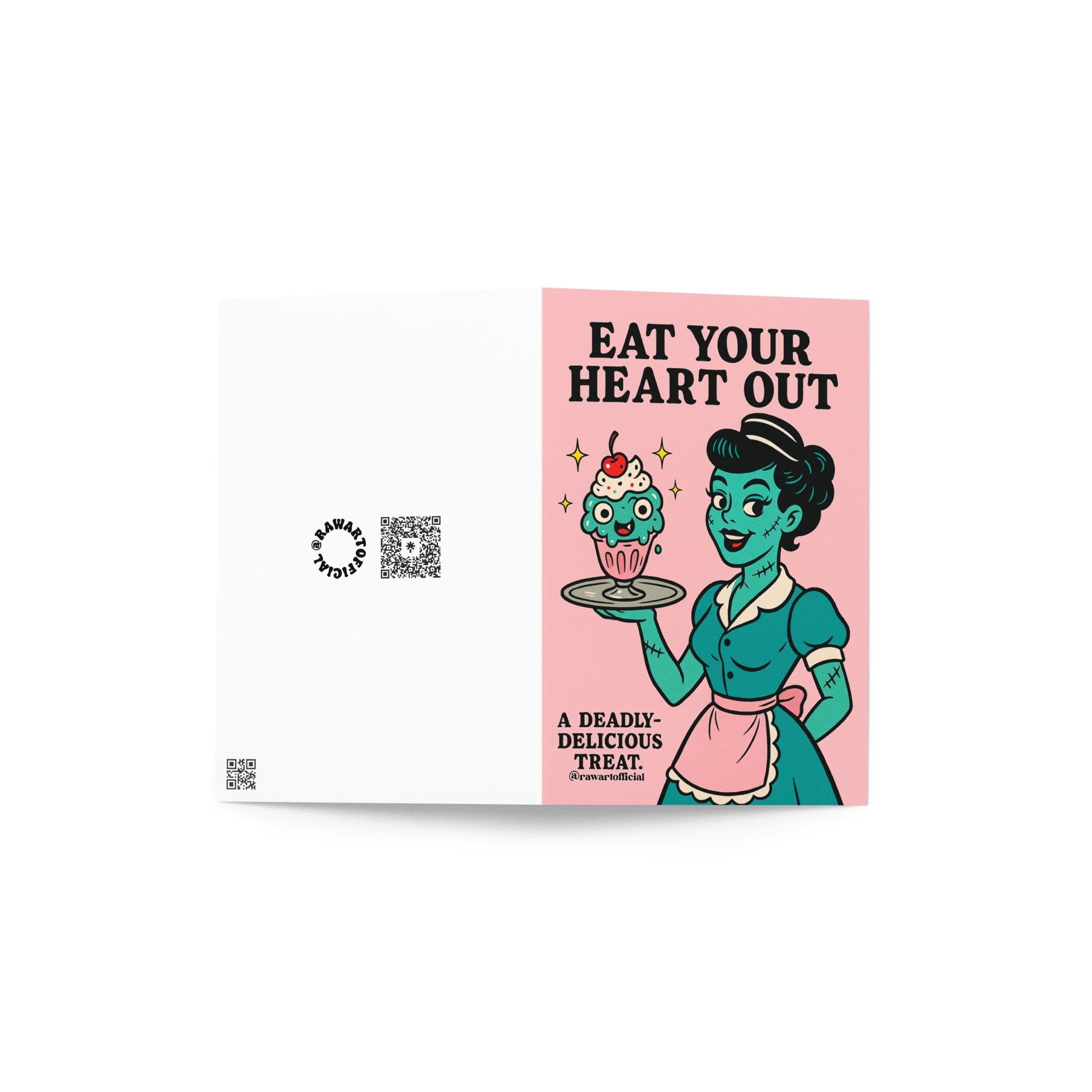 Retro zombie waitress holding sundae with eyeballs, text “Eat Your Heart Out” funny spooky greeting card
