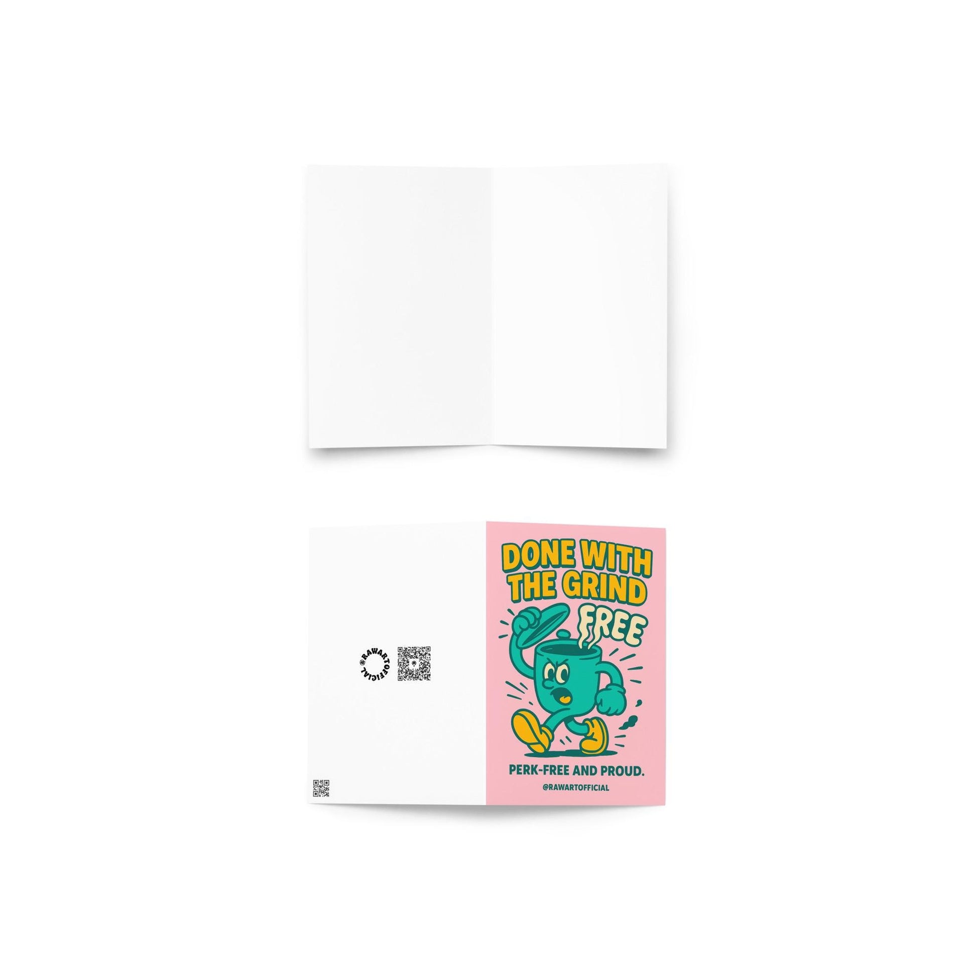 Retro cartoon coffee mug character storming off with text “Done With The Grind” funny job quitting card.