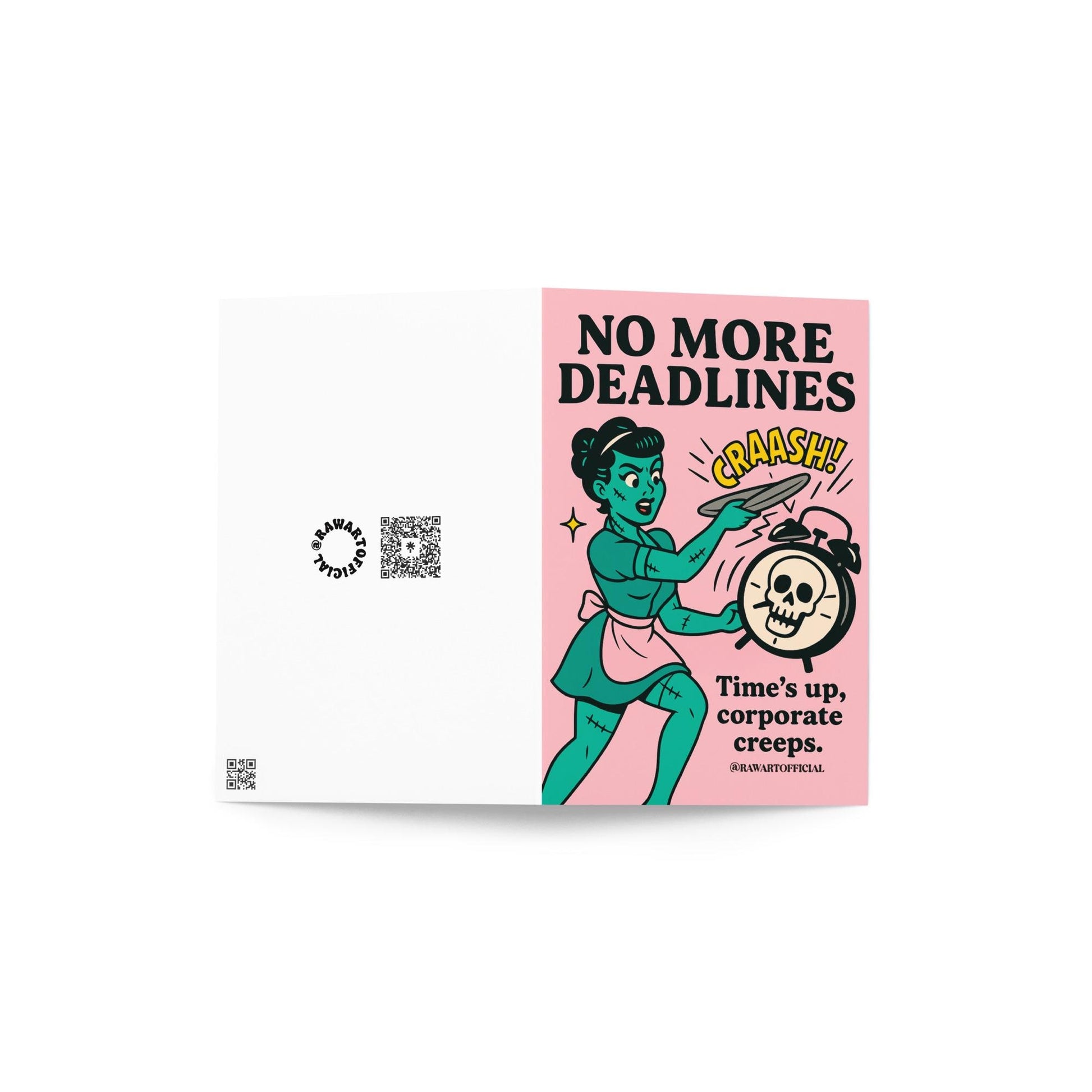 Retro Frankenstein waitress smashing alarm clock with tray, pink background, bold text “No More Deadlines.”