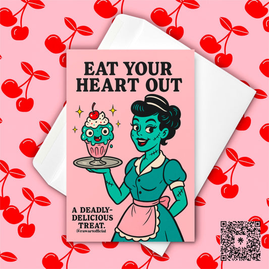 Retro Zombie Waitress Card: Spooky Halloween Birthday Art Print