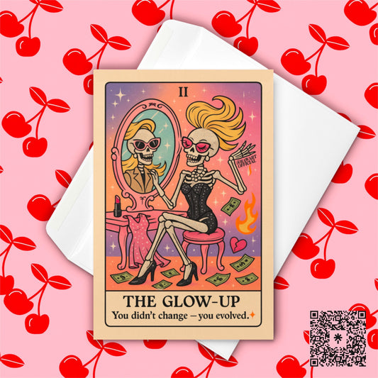 Glow-Up Tarot Card Greeting: Funny Skeleton Evolved Stationery
