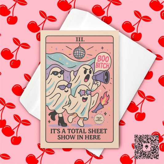 Funny Ghost Party Greeting Card: Retro Spooky Halloween Tarot