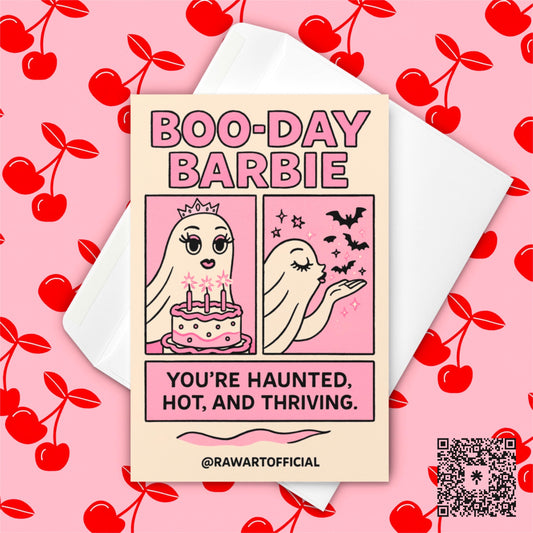 Funny Ghost Birthday Card: Barbiecore Halloween Boo-Day