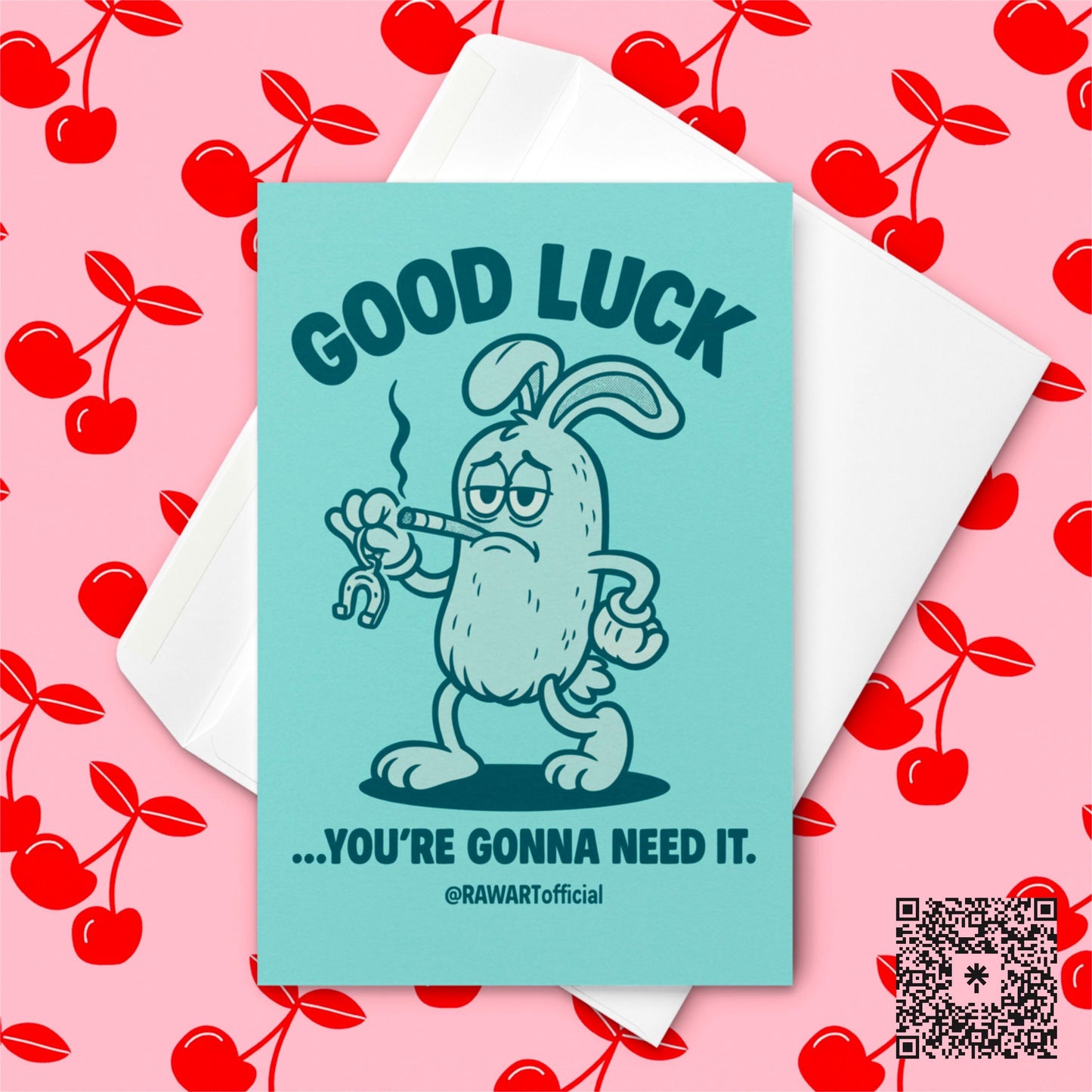 Good Luck Card Funny Rabbit – Retro Cartoon Cigarette Bunny – Sassy Good Luck Greeting Card – Irreverent Encouragement Gift