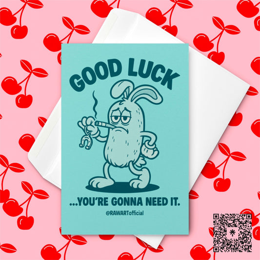 Good Luck Card Funny Rabbit – Retro Cartoon Cigarette Bunny – Sassy Good Luck Greeting Card – Irreverent Encouragement Gift