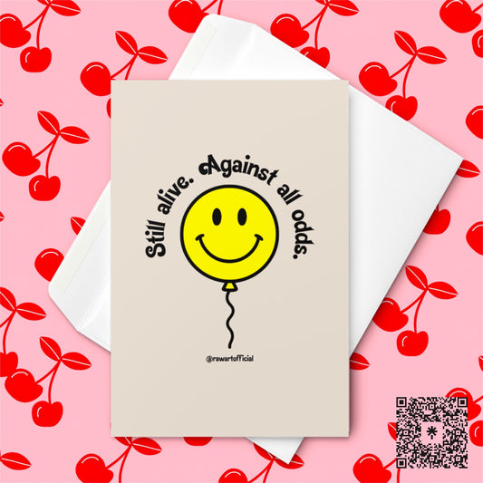 Funny Still Alive Birthday Card: Retro Smiley Balloon, Sarcastic Humor