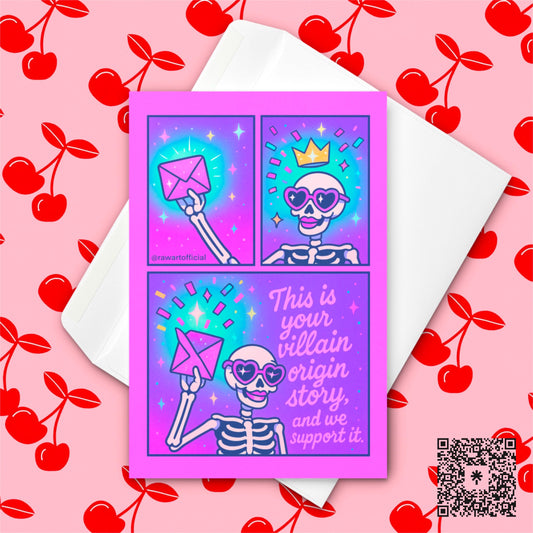 Funny Halloween Villain Origin Story Card: Spooky Skeleton Comic