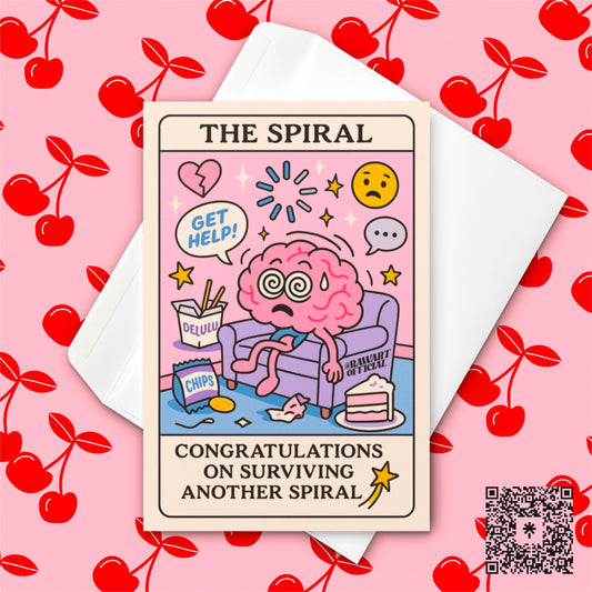Funny Anxiety Card: Delulu Era Tarot Greeting, Pink Retro Mental Health Art