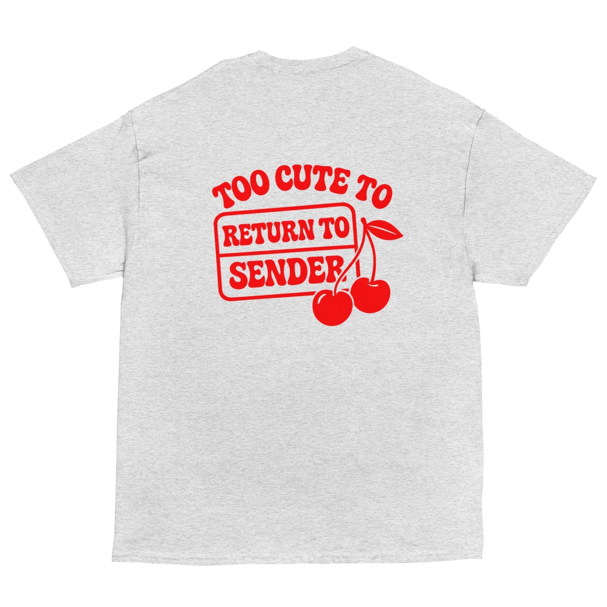 Grey unisex cherry graphic shirt with bold red print, aesthetic Y2K tee.