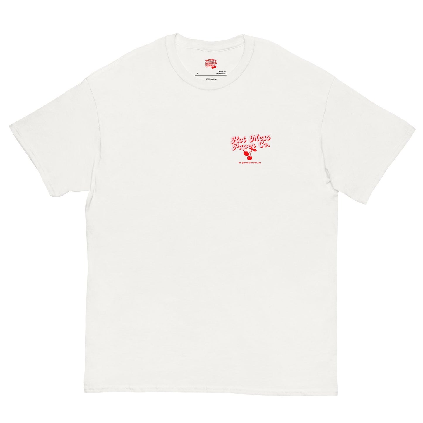 White tee with red cherry print and Hot Mess Paper Co logo, retro graphic shirt.