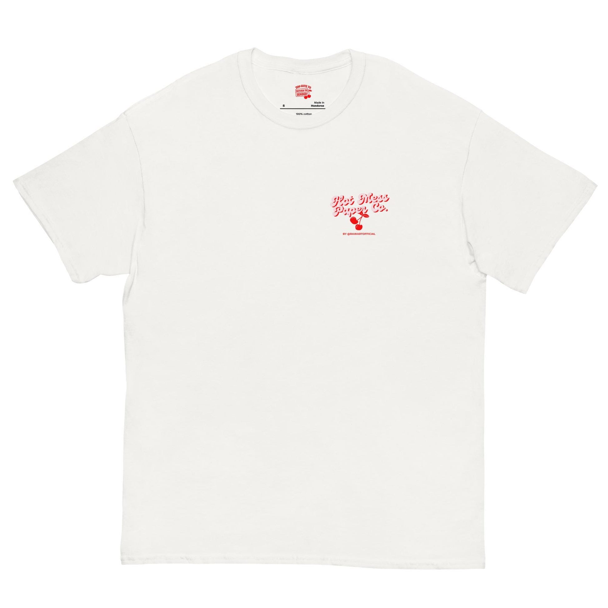 White tee with red cherry print and Hot Mess Paper Co logo, retro graphic shirt.