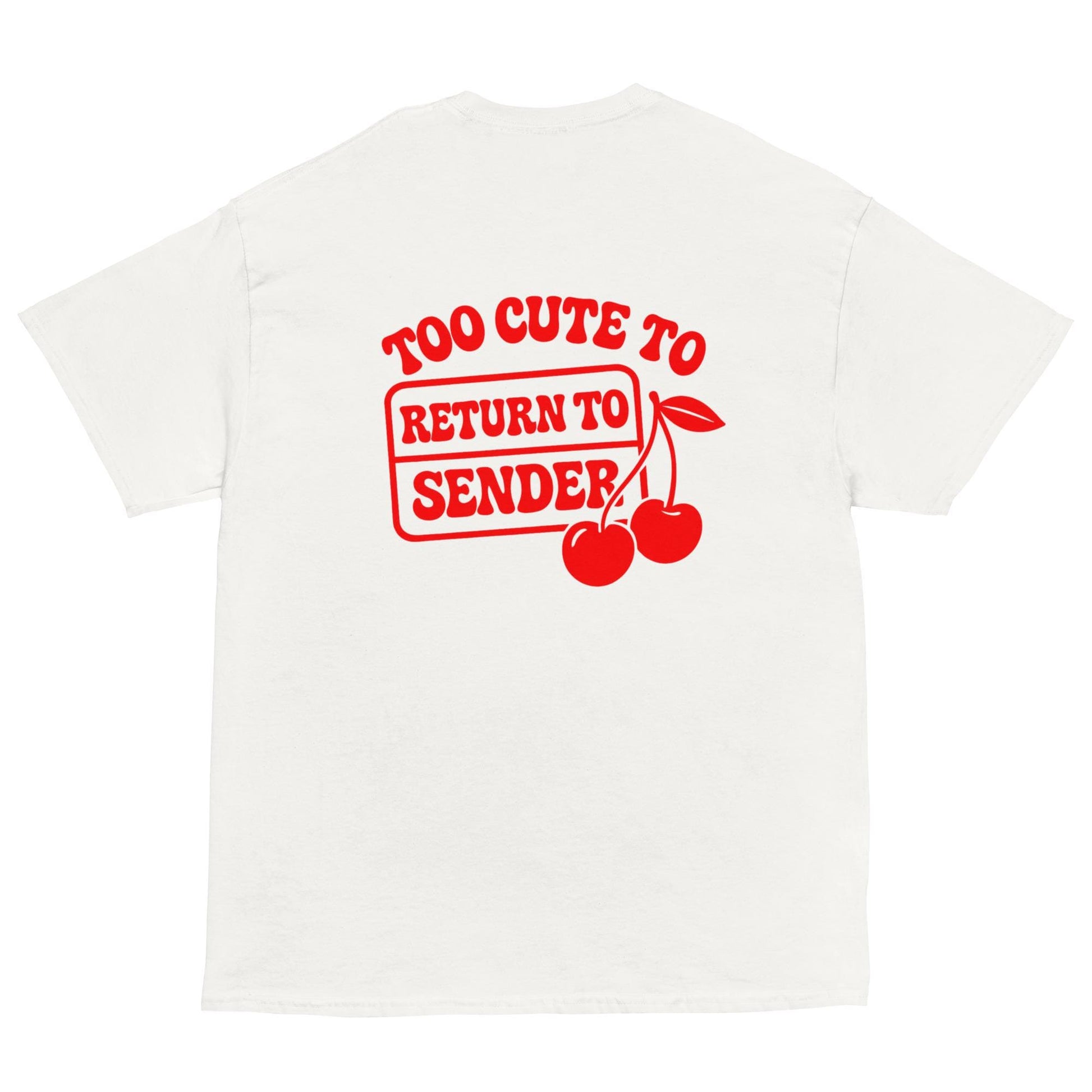 White tee with red cherry print and Hot Mess Paper Co logo, retro graphic shirt.