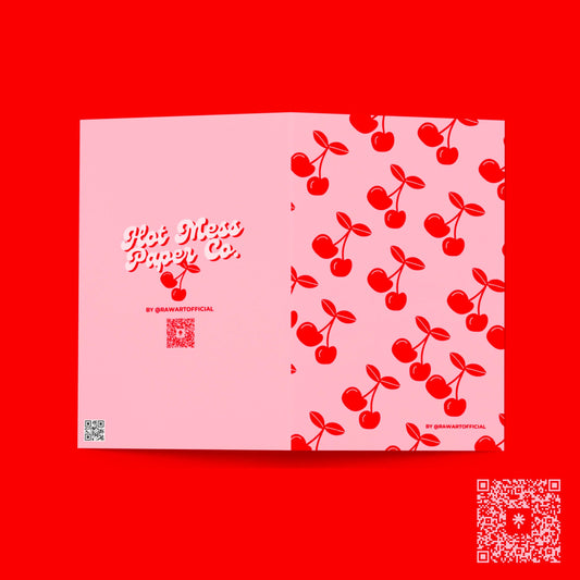 Retro cherry patterned card with “Hot Mess Paper Co.” logo in red