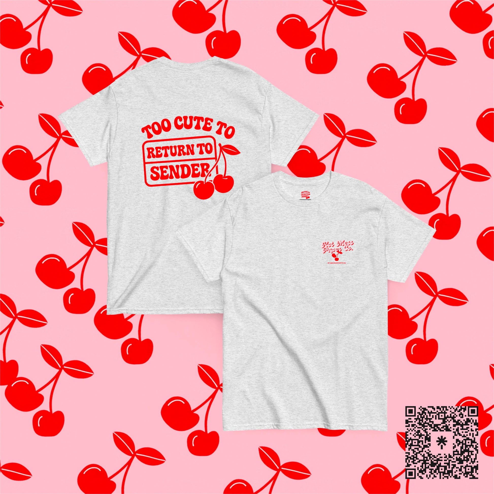 Grey unisex cherry graphic shirt with bold red print, aesthetic Y2K tee.