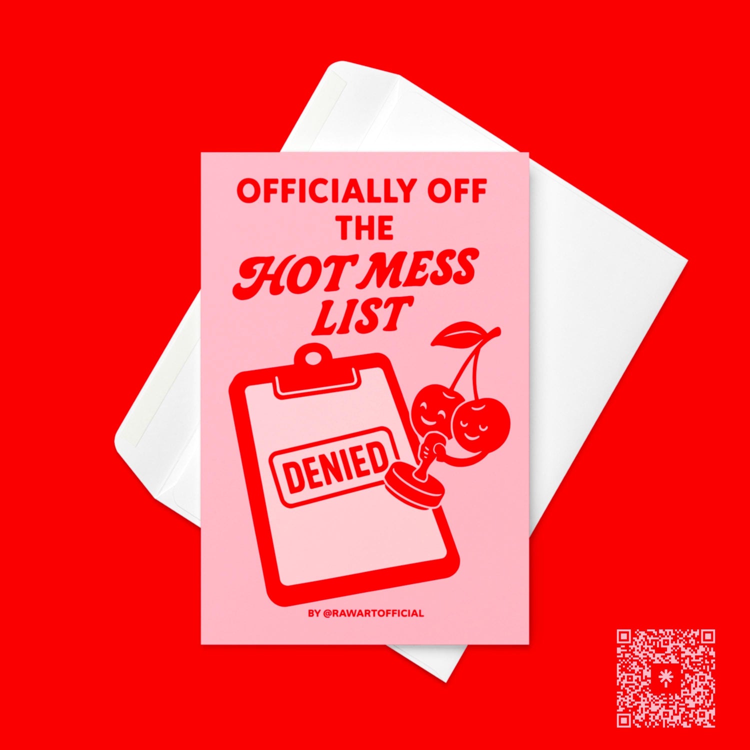 Retro cherry greeting card with clipboard and &quot;Hot Mess List Denied&quot; design in bold red on pink background.