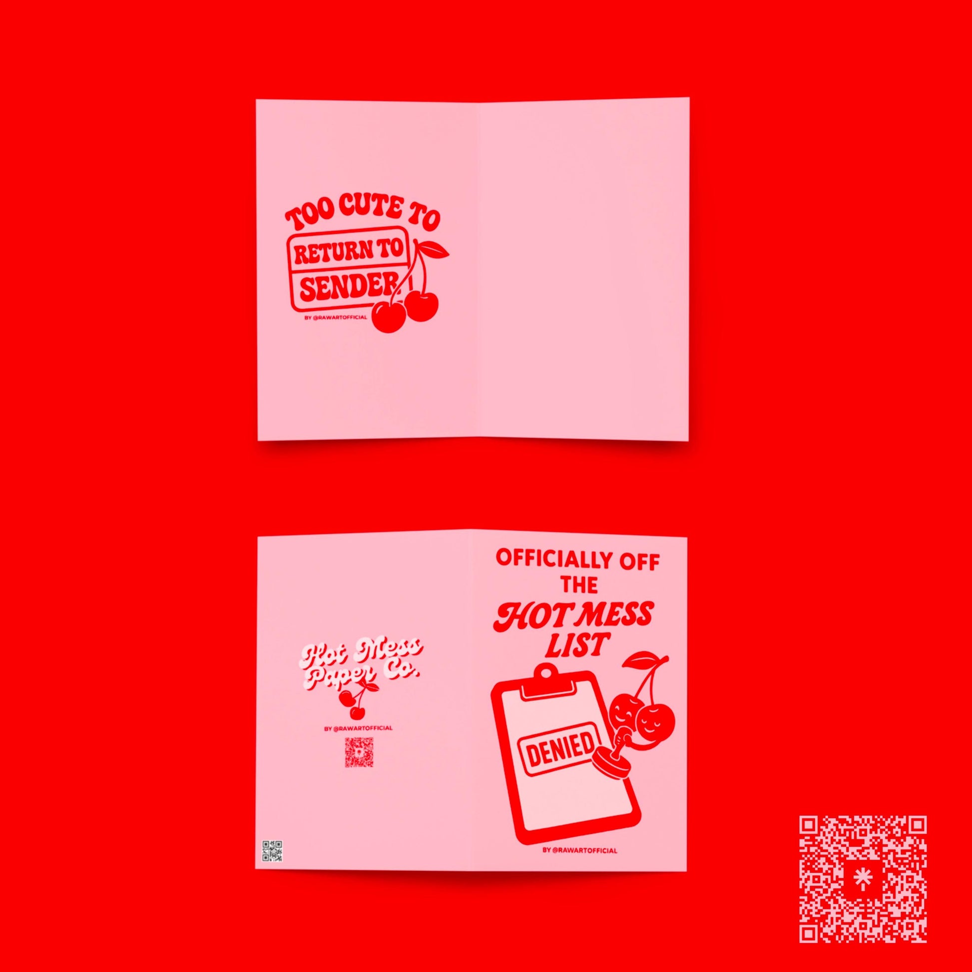Retro cherry greeting card with clipboard and &quot;Hot Mess List Denied&quot; design in bold red on pink background.