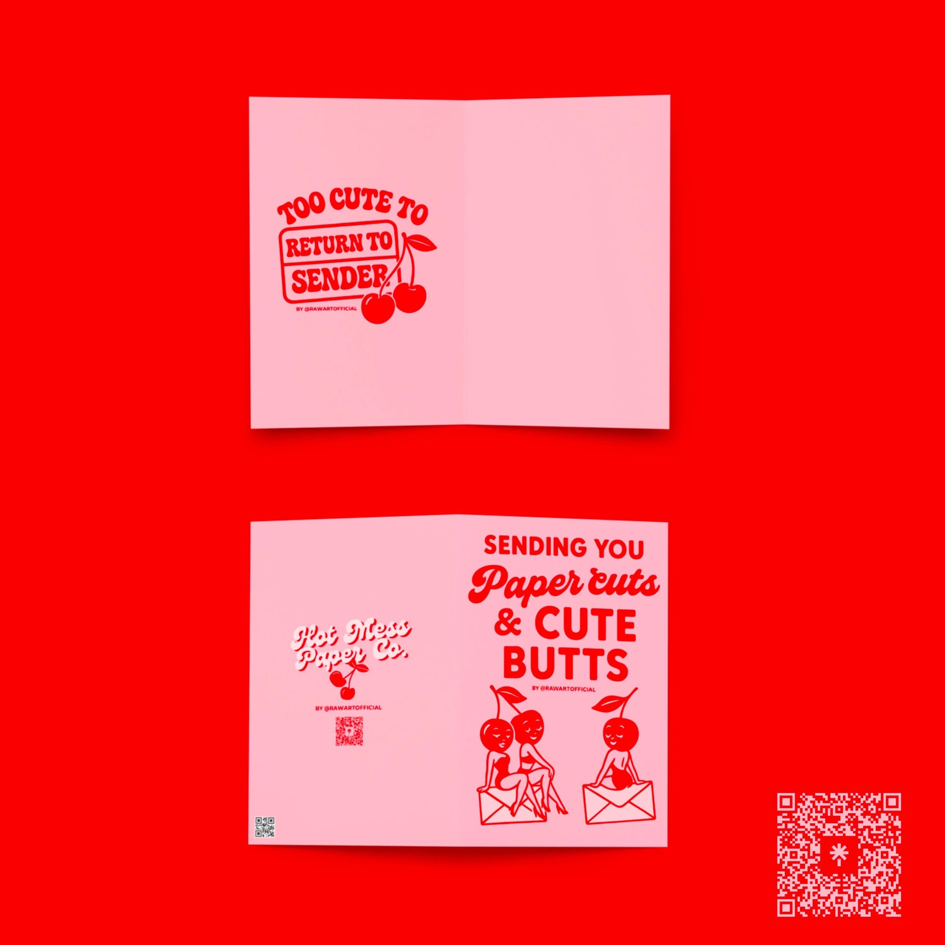 Retro pink and red greeting card with cherry pin-up characters sitting on envelopes, text reads “Sending You Paper Cuts & Cute Butts.”