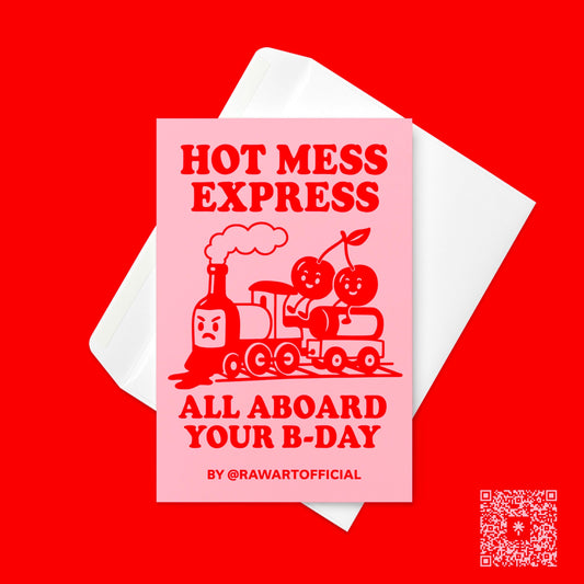 Retro birthday card with red cherries riding a cartoon train, text “Hot Mess Express – All Aboard Your B-Day.”
