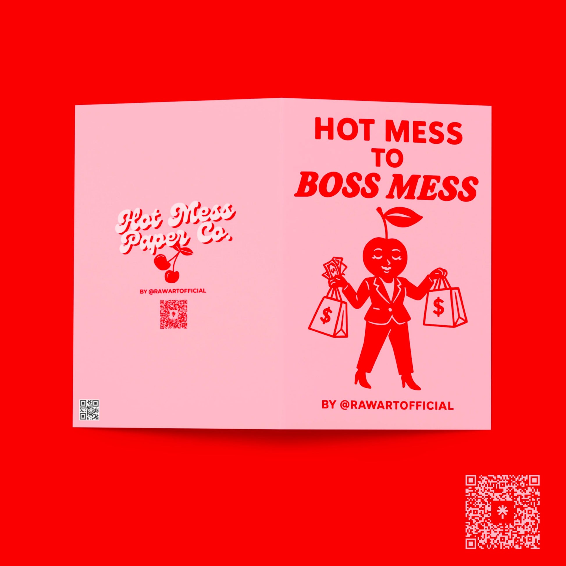 Retro pink greeting card with bold red cherry design and text “Hot Mess to Boss Mess,” funny promotion and new job celebration card.