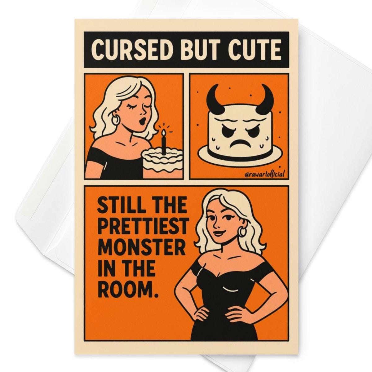 Retro goth birthday card with blonde monster girl and cursed cake, text &quot;Cursed But Cute.&quot;
