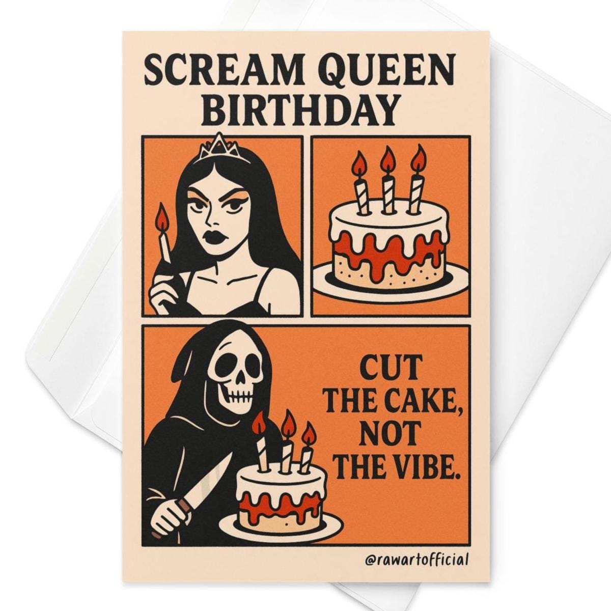 Retro comic style birthday card with gothic scream queen, spooky cake, and reaper, reading “Cut the cake, not the vibe.”