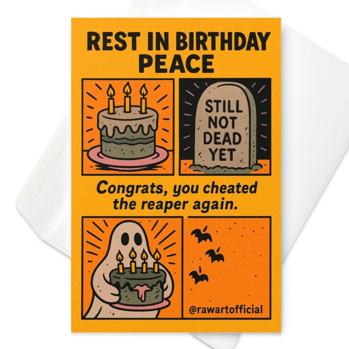 Greeting cardRetro comic style birthday card with gothic scream queen, spooky cake, and reaper, reading “Cut the cake, not the vibe.”