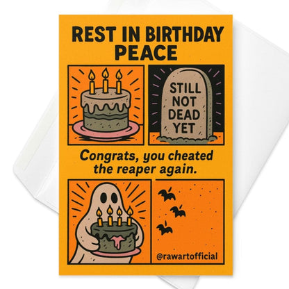 Greeting cardRetro comic style birthday card with gothic scream queen, spooky cake, and reaper, reading “Cut the cake, not the vibe.”