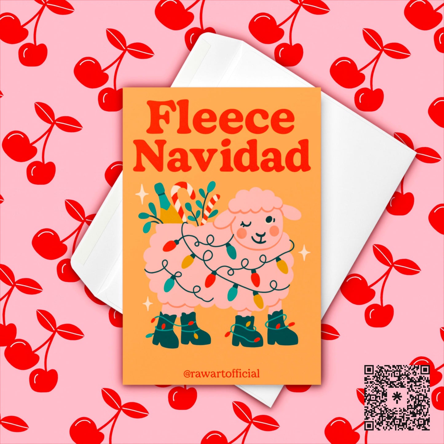 Retro Fleece Navidad Christmas card featuring a pink sheep wrapped in holiday lights with candy canes and gifts, funny festive pun design.