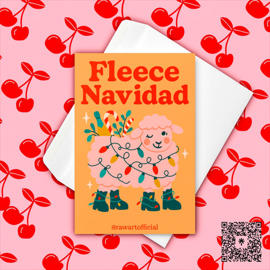 Retro Fleece Navidad Christmas card featuring a pink sheep wrapped in holiday lights with candy canes and gifts, funny festive pun design.