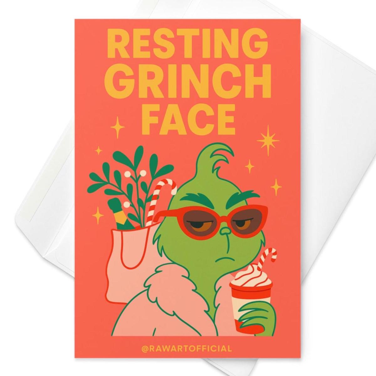 Funny “Resting Grinch Face” Christmas card with retro-style Grinch in sunglasses holding a holiday drink, sassy holiday humor design.