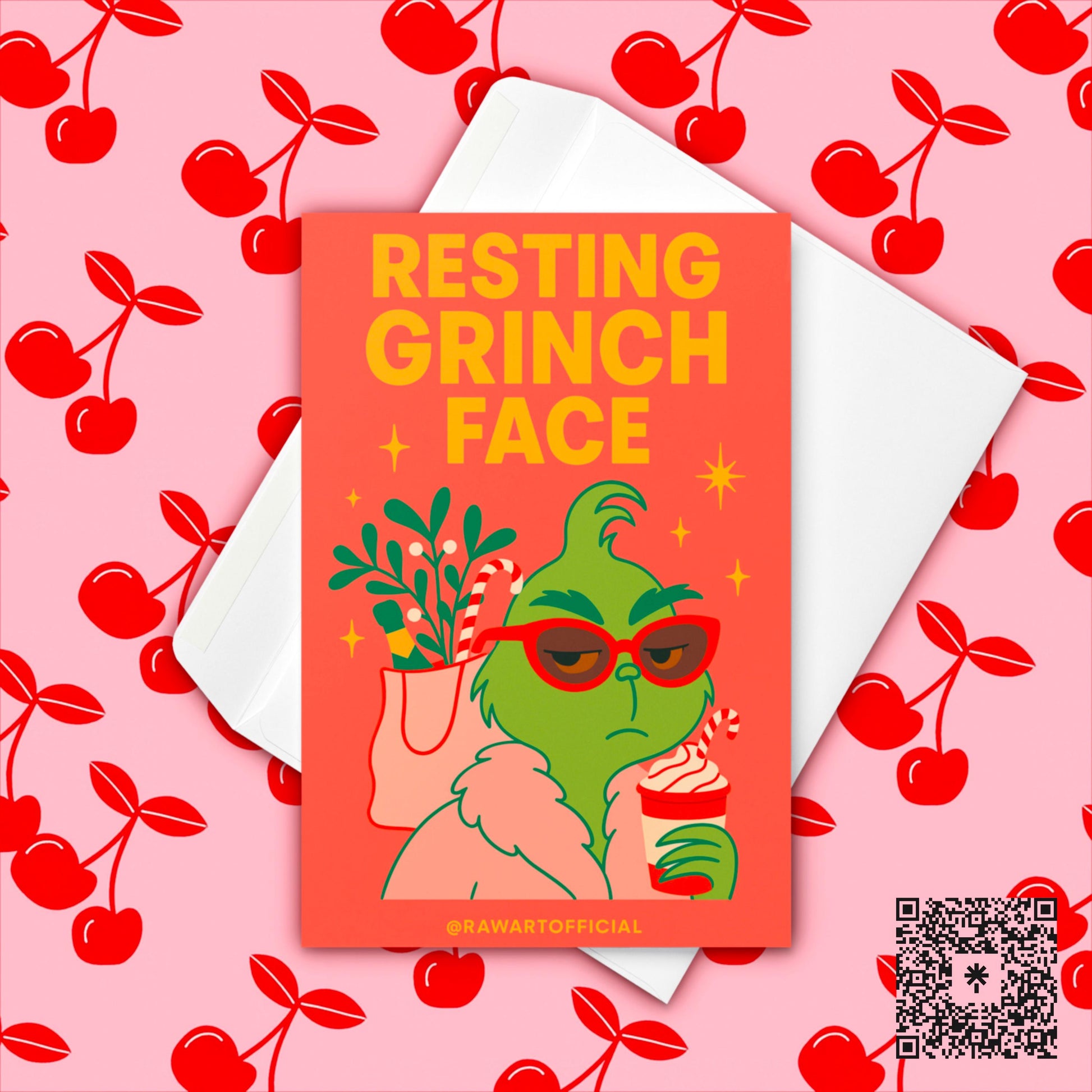 Funny “Resting Grinch Face” Christmas card with retro-style Grinch in sunglasses holding a holiday drink, sassy holiday humor design.