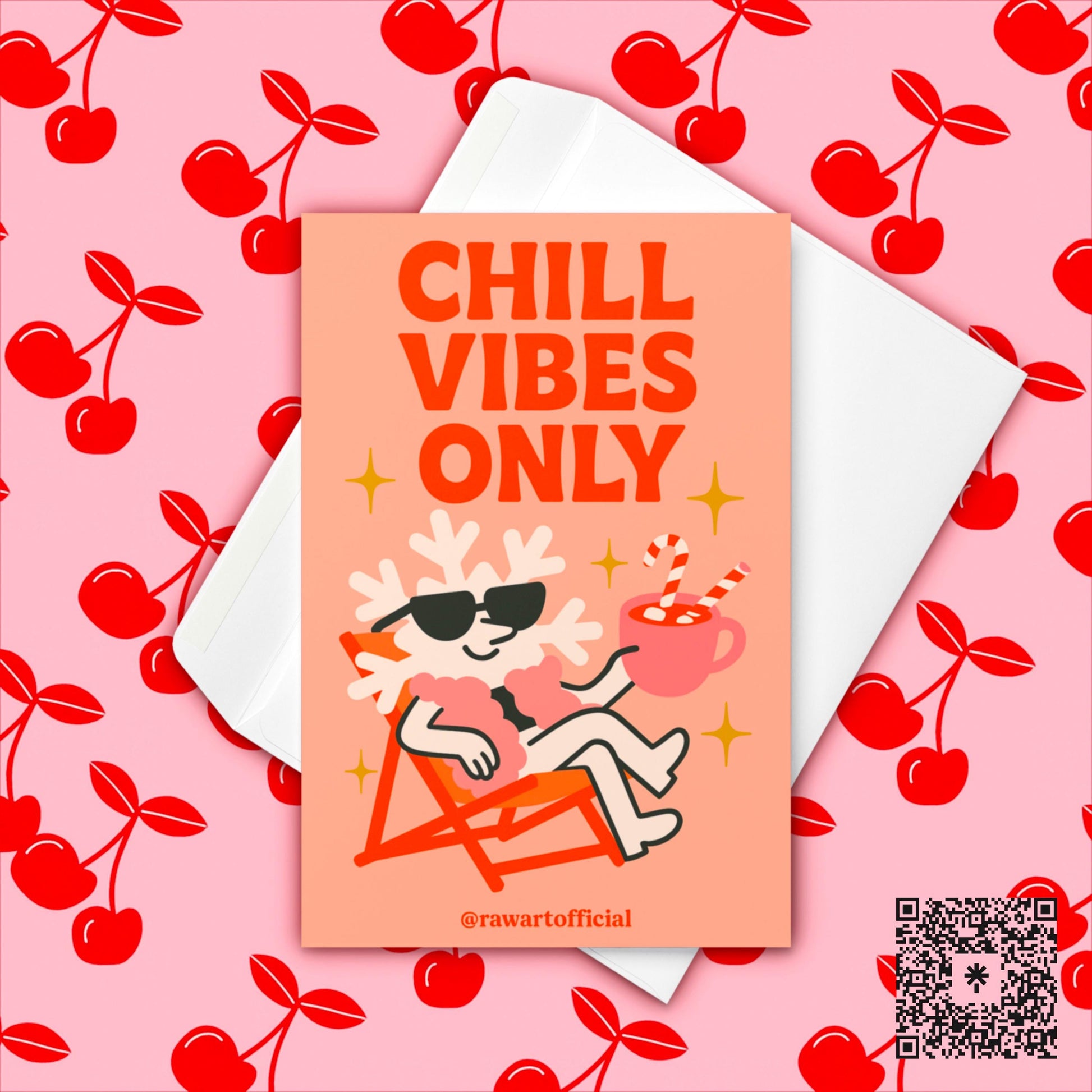 Retro “Chill Vibes Only” Christmas card with snowflake in sunglasses holding cocoa