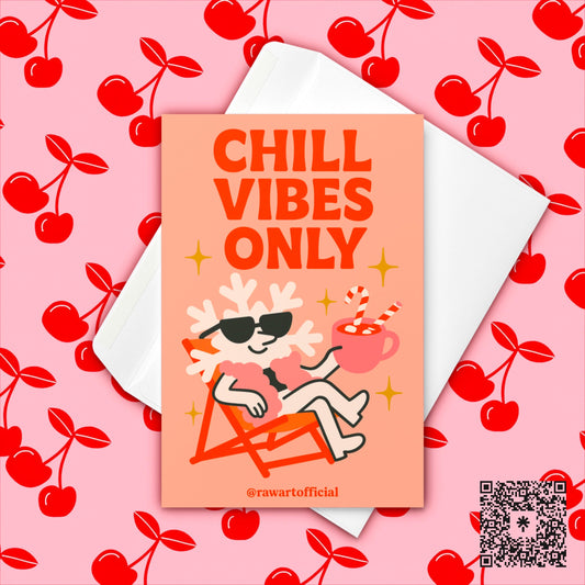 Retro “Chill Vibes Only” Christmas card with snowflake in sunglasses holding cocoa