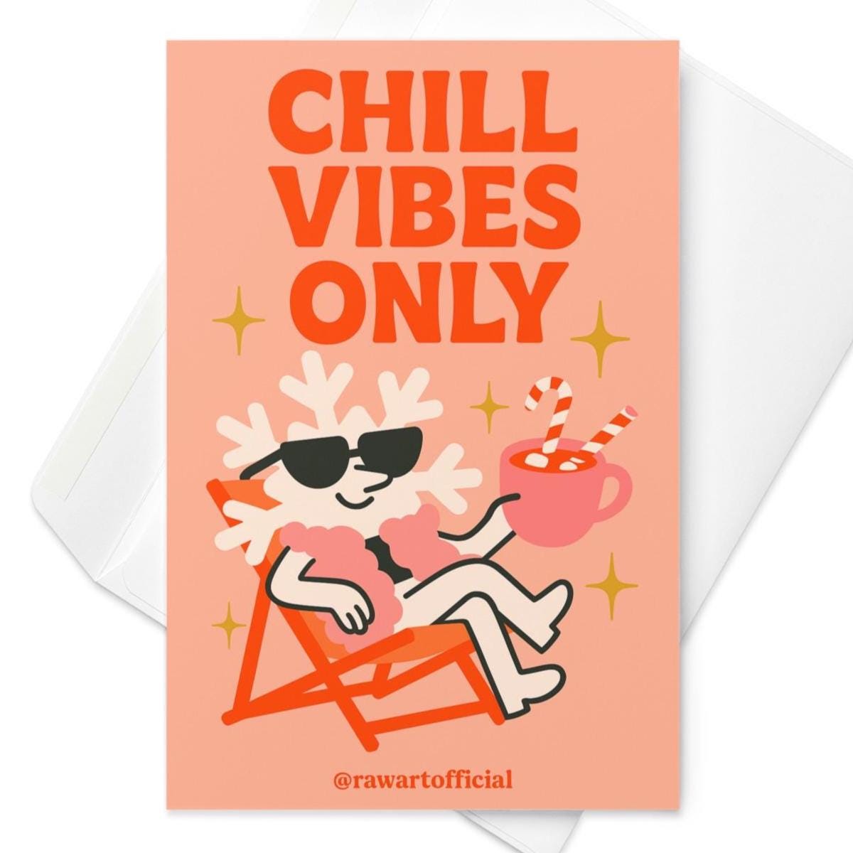 Retro “Chill Vibes Only” Christmas card with snowflake in sunglasses holding cocoa