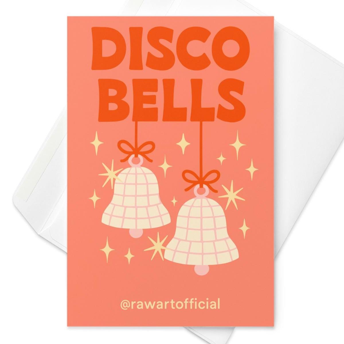 Retro “Disco Bells” Christmas card with sparkly disco ball bells, pink background, festive holiday pun by Hot Mess Paper Co.