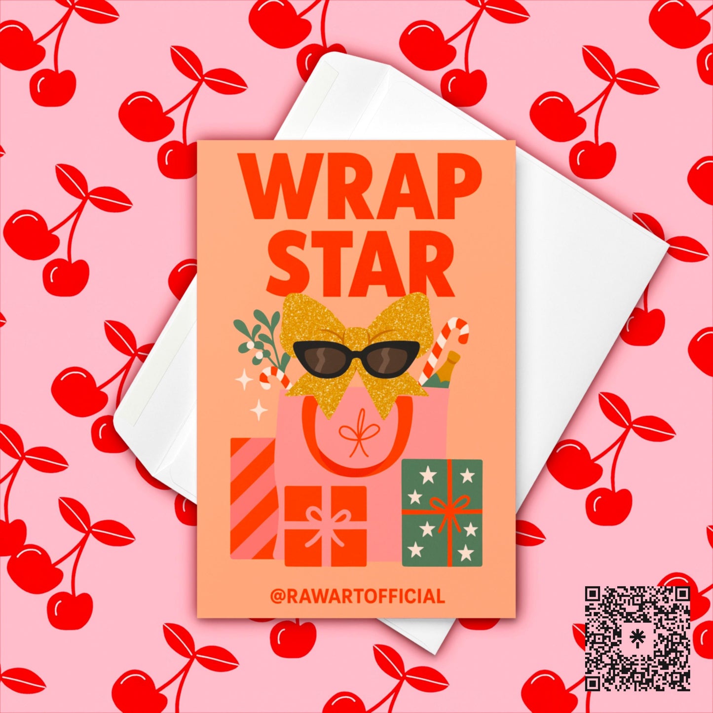 Funny Christmas card with “Wrap Star” text, glitter bow sunglasses, and wrapped gifts design.