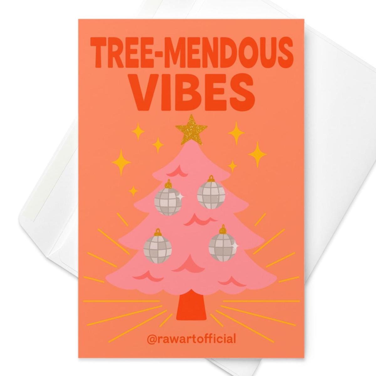 Retro pink Christmas card with disco-ball ornaments and “Tree-Mendous Vibes” text.