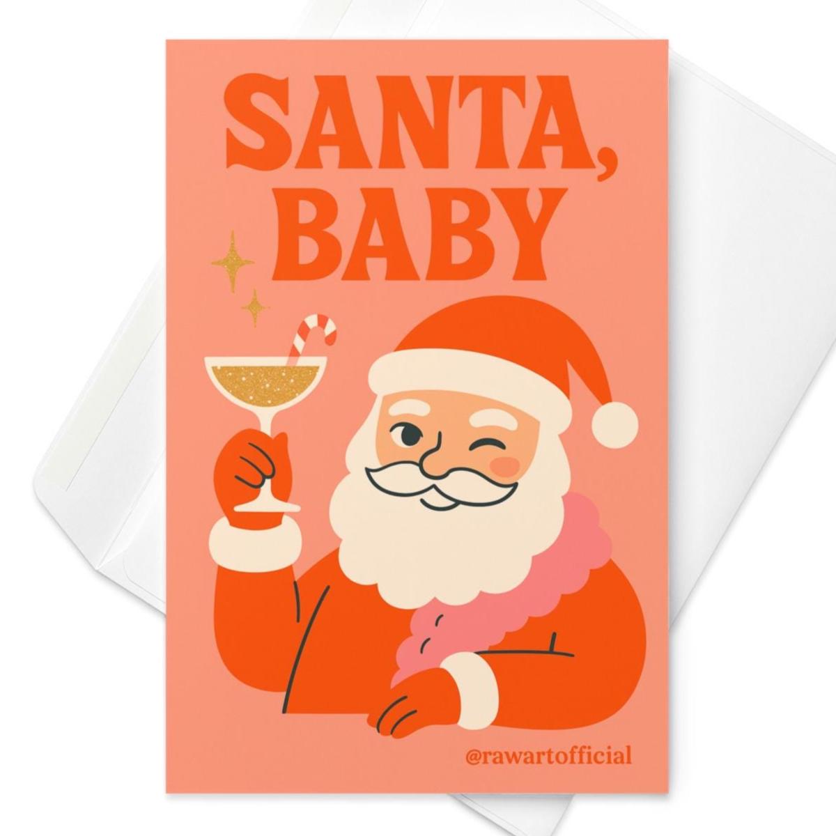 Retro Santa winks and raises a cocktail with a candy cane under “Santa, Baby” on a coral background with sparkles; funny holiday card.