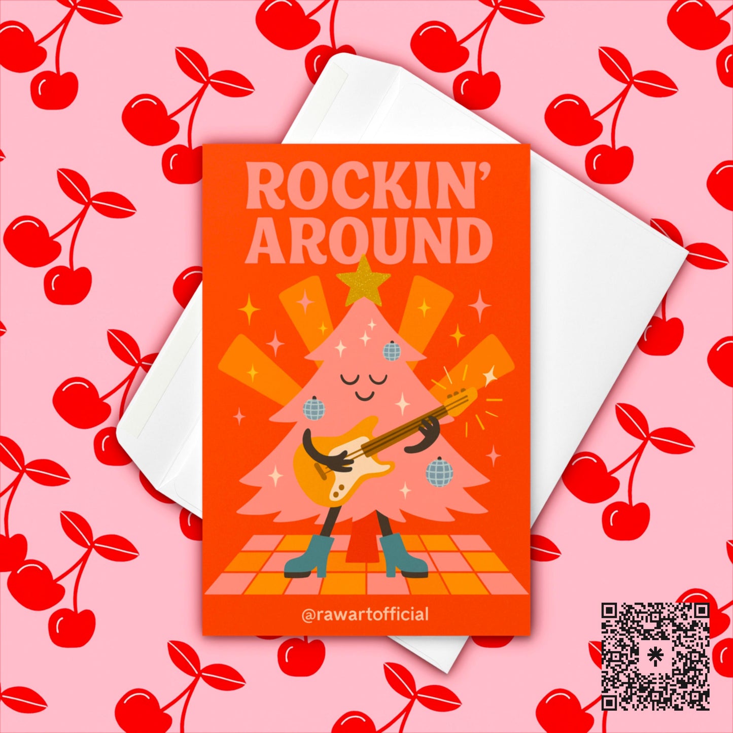 Retro Christmas card with pink disco ball tree playing guitar and text &quot;Rockin’ Around&quot; in bold letters.